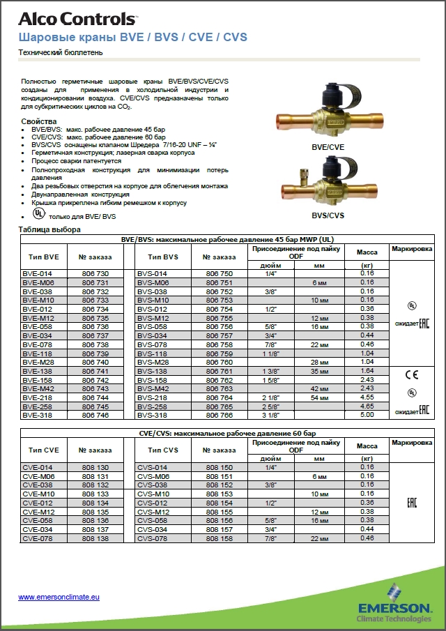 Шаровые краны Alco Controls BVE_BVS _CVE_CVS