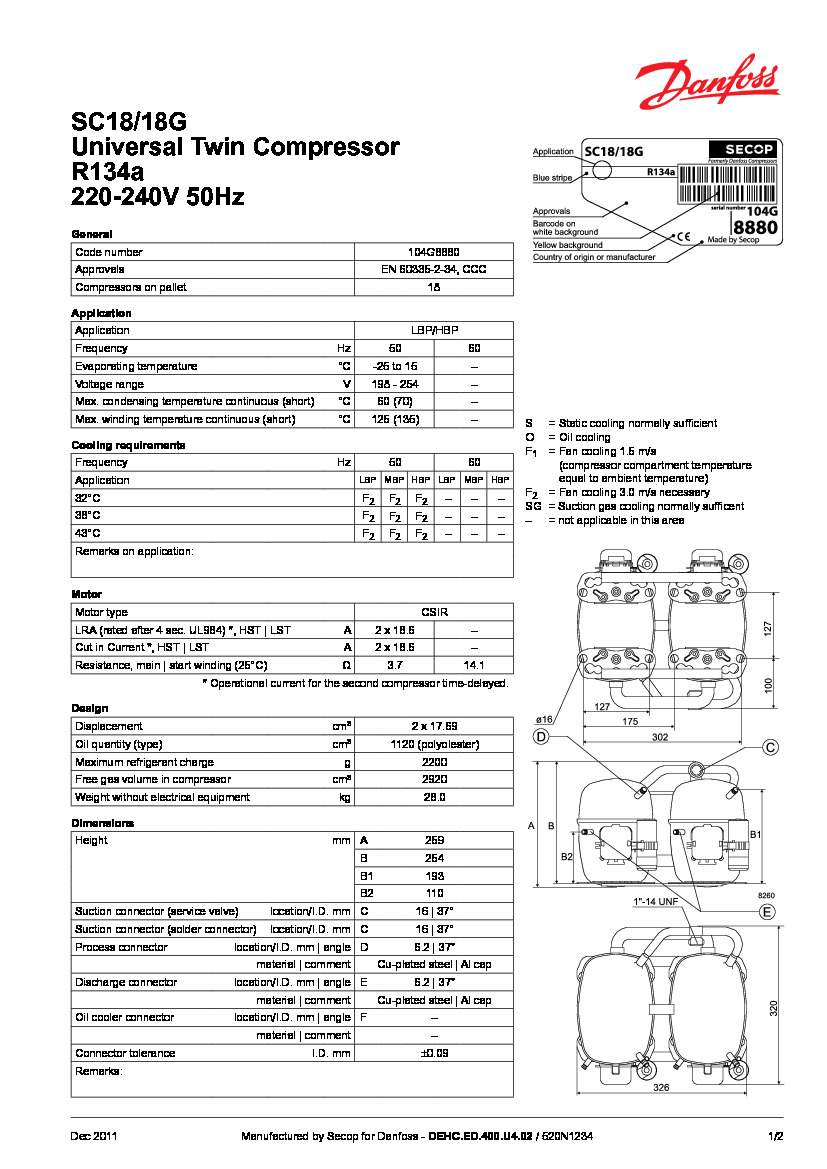 Технічні характеристики та розміри герметичного поршневого компресора Danfoss SC18