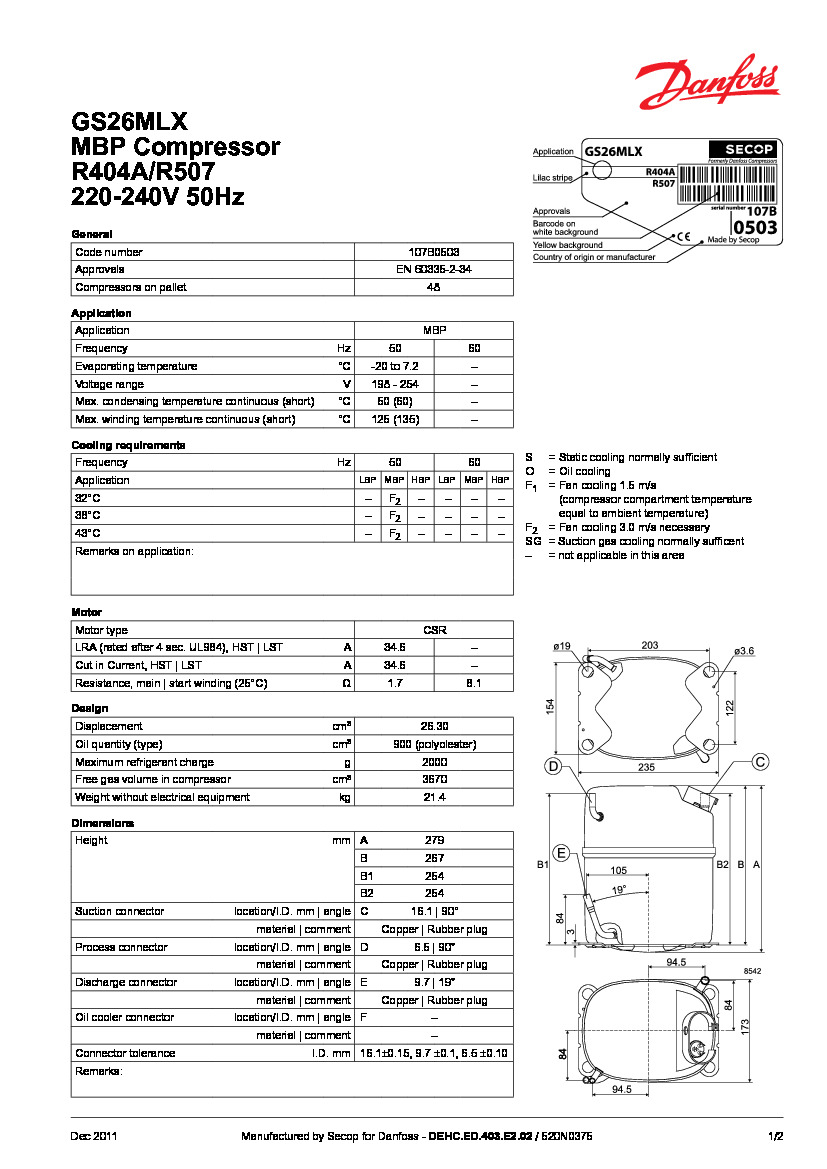 Технічні характеристики та розміри герметичного поршневого компресора Danfoss GS26MLX
