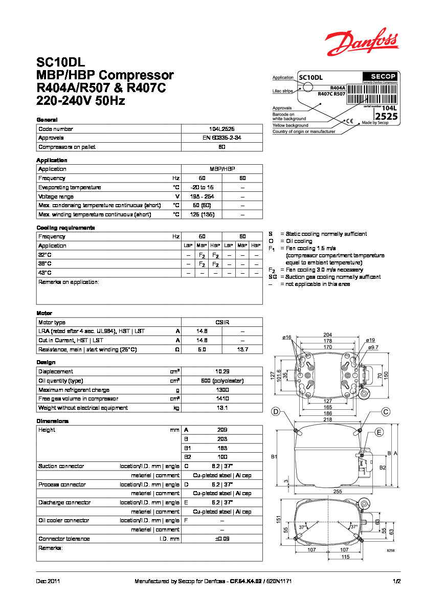 Технічні характеристики та розміри герметичного поршневого компресора Danfoss SC10DL