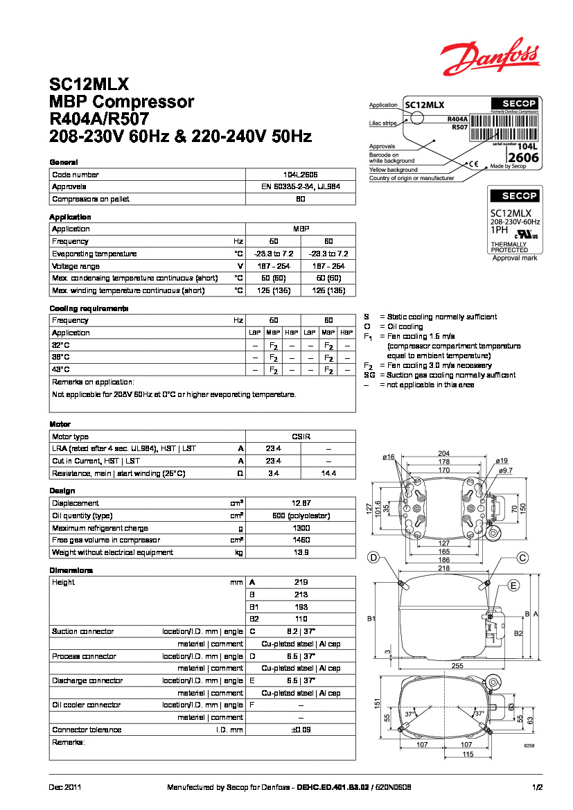 Технічні характеристики та розміри герметичного поршневого компресора Danfoss SC12MLX