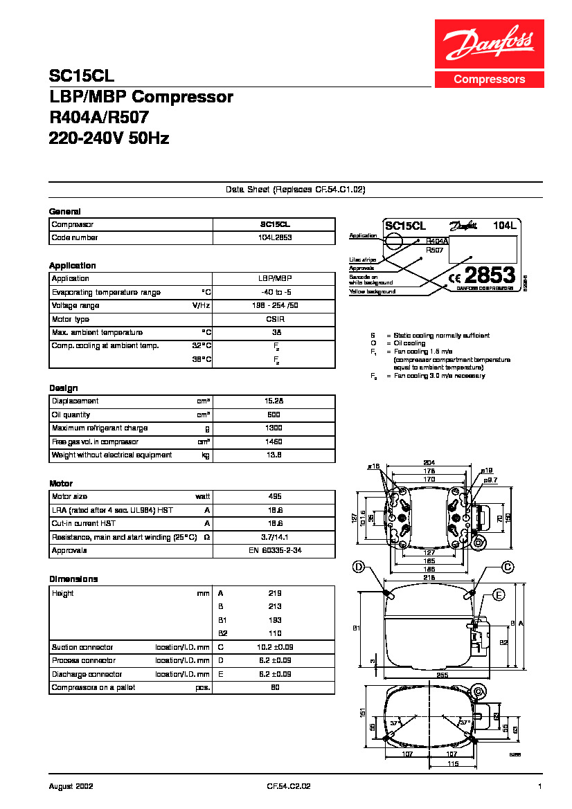 Технічні характеристики та розміри герметичного поршневого компресора Danfoss SC15CL