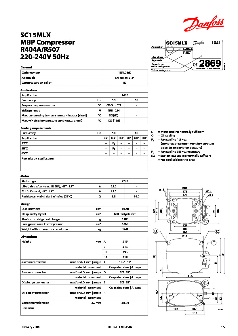 Технічні характеристики та розміри герметичного поршневого компресора Danfoss SC15MLX