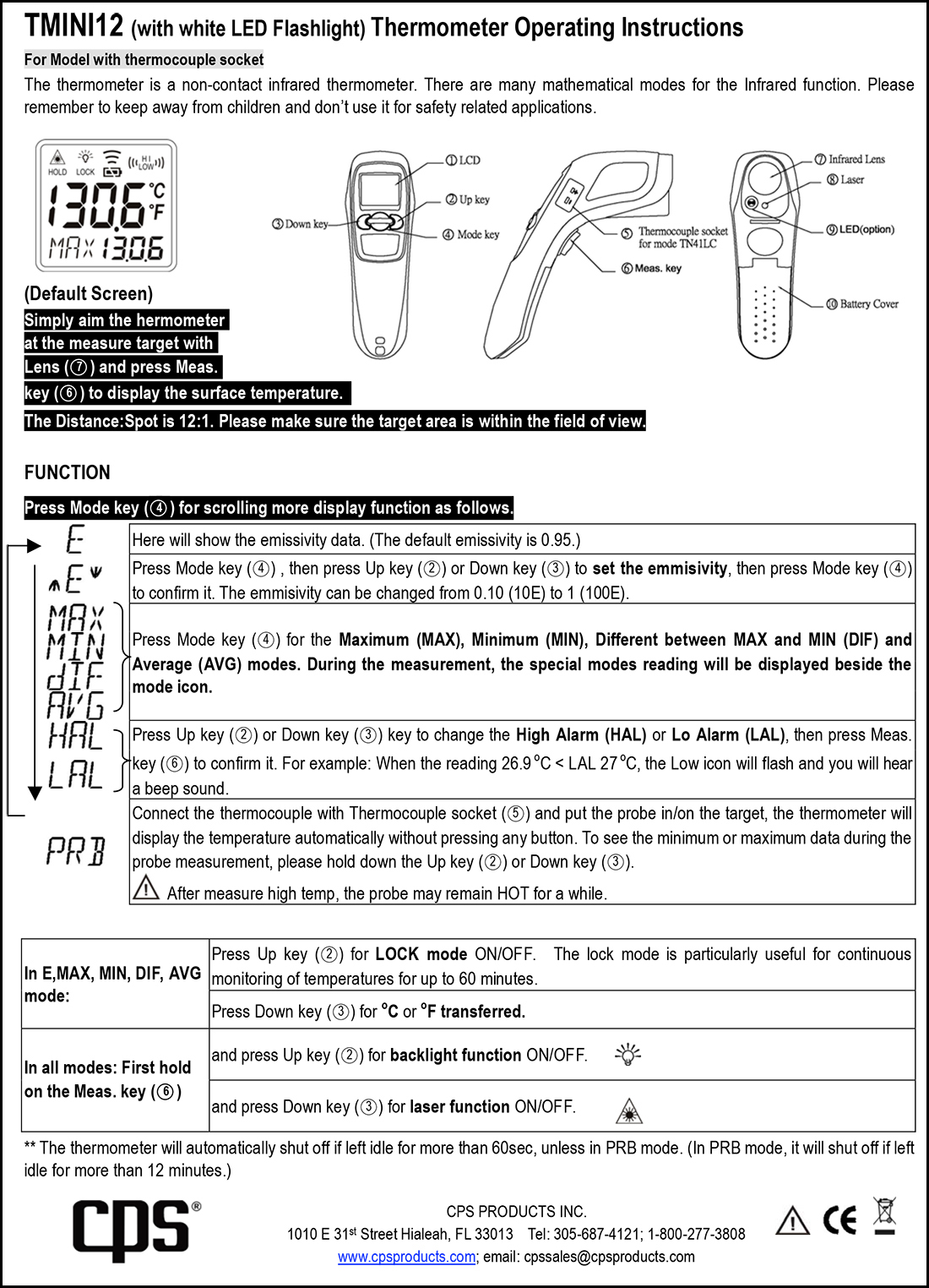 Інфрачервоний термометр CPS TMINI12 (Інструкція з експлуатації)