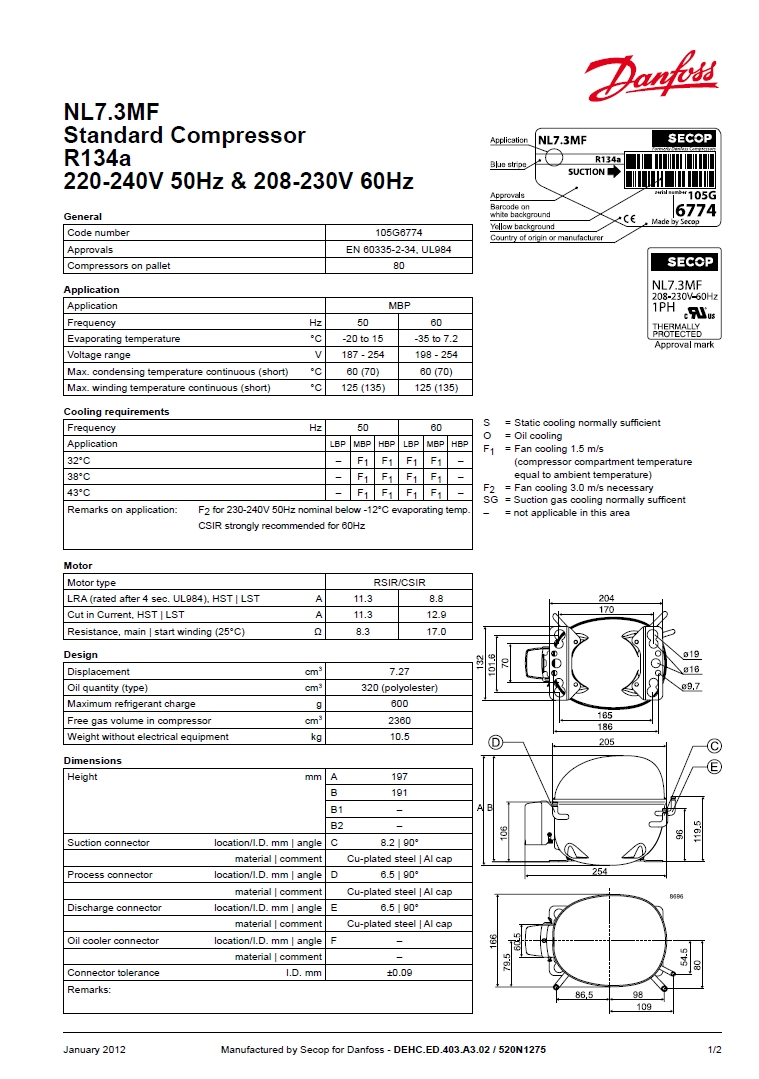 Технічні характеристики та розміри герметичного поршневого компресора Danfoss (Secop) NL7.3MF