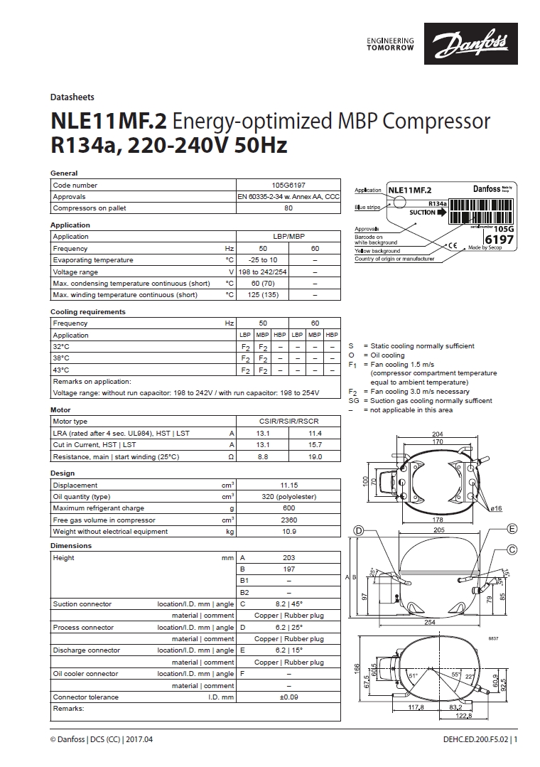 Технічні характеристики та розміри герметичного поршневого компресора Danfoss (Secop) NLE11MF.2