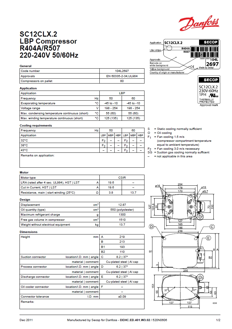 Технічні характеристики та розміри герметичного поршневого компресора Danfoss (Secop) SC12CLX.2