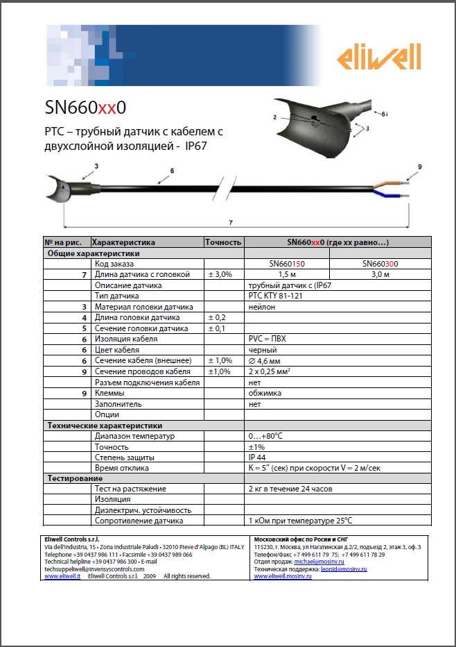 Трубний датчик PTC з кабелем Eliwell SN660300