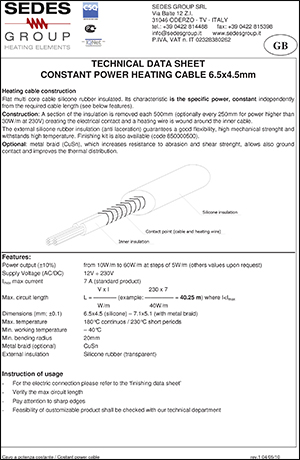 ТЕХНІЧНИЙ ПАСПОРТ (НАГРІВАЛЬНИЙ КАБЕЛЬ ПОСТІЙНОЇ ПОТУЖНОСТІ 6.5x4.5мм SEDES)